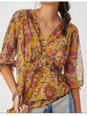 Anthropologie Gretchen Smocked Tunic Blouse Sheer Boho Style Floral Mustard  XS